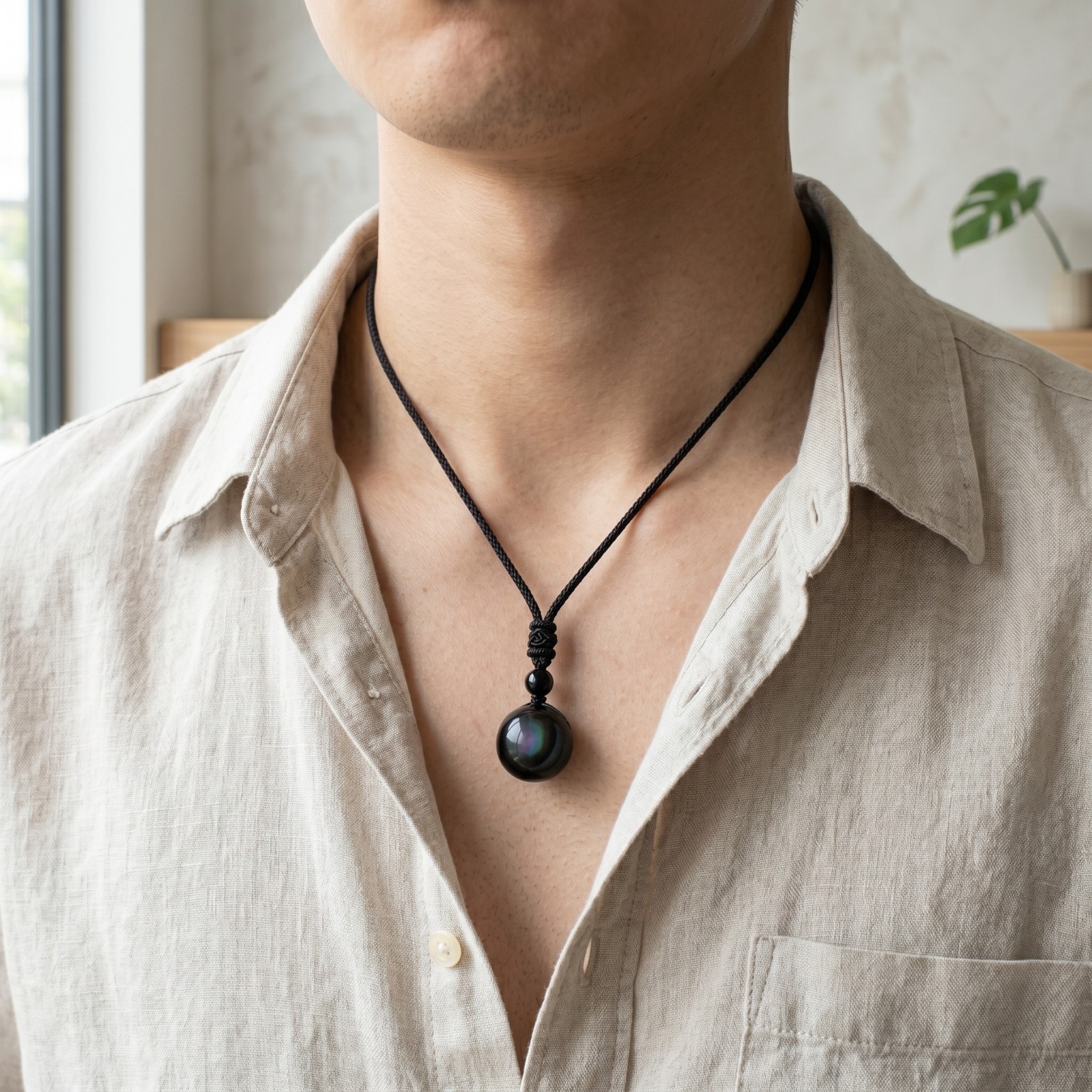Natural Rainbow Obsidian Pendant 16mm Round Bead Adjustable Cord Negative Energy