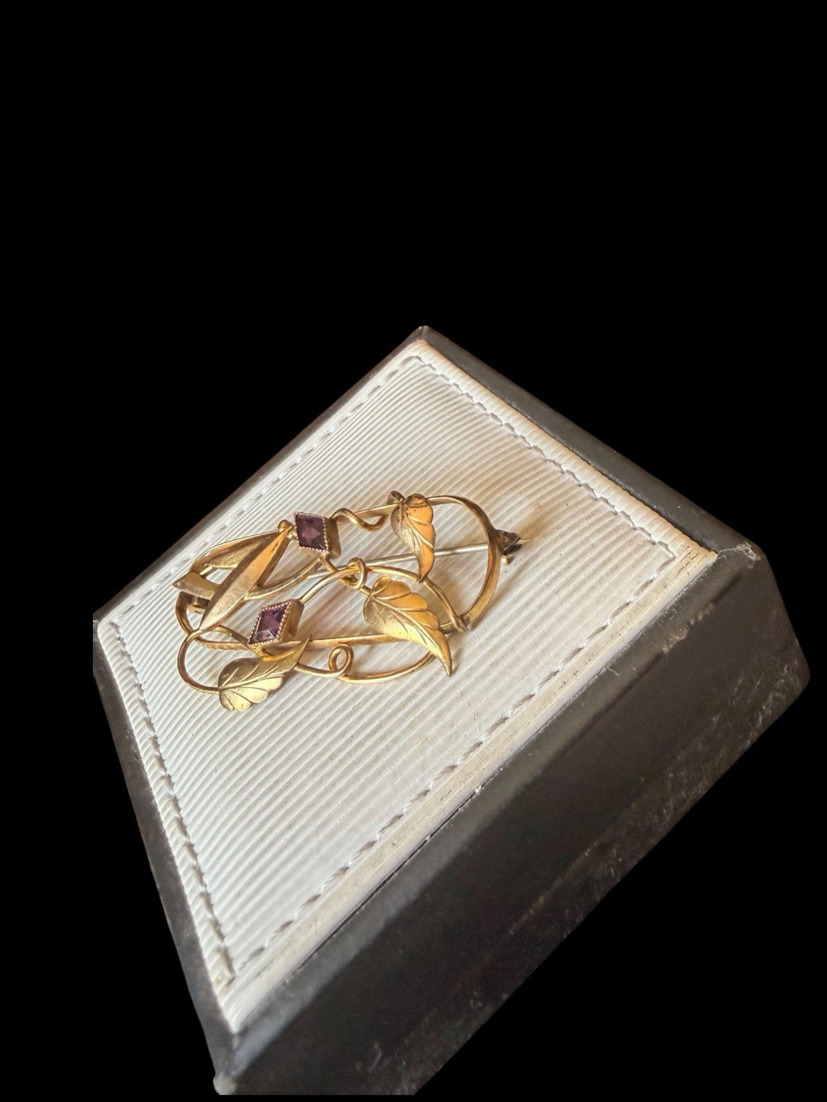 Older Gold Filled Floral Brooch With Purple Stone Accents