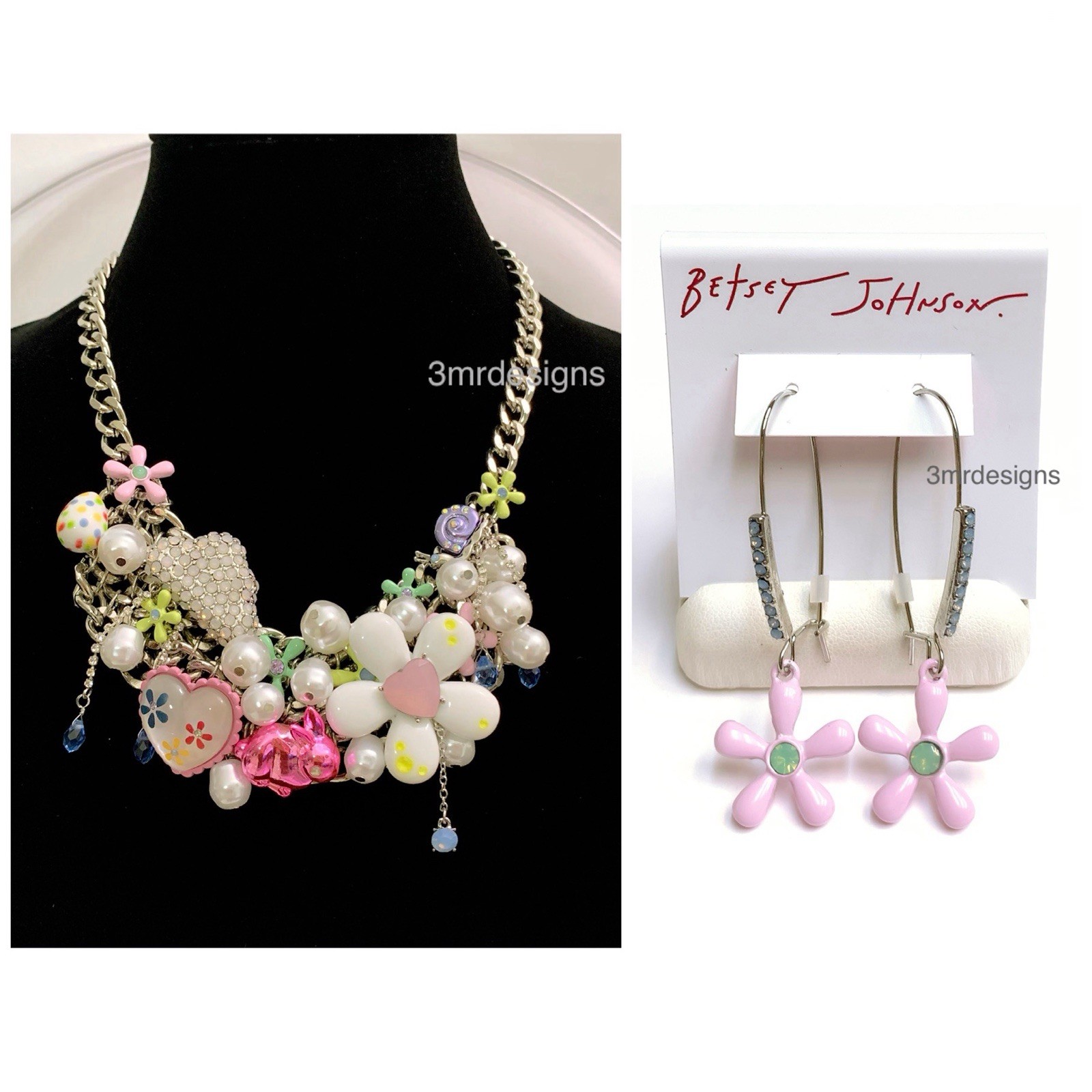 NWT Betsey Johnson SPRING FLING Silver Tone CZ Crystals Earrings & Necklace Set