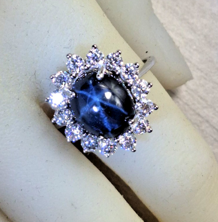D’Joy Blue Star Sapphire (DF) + Moissanite (8.75 cttw) 925 silver ring size 9