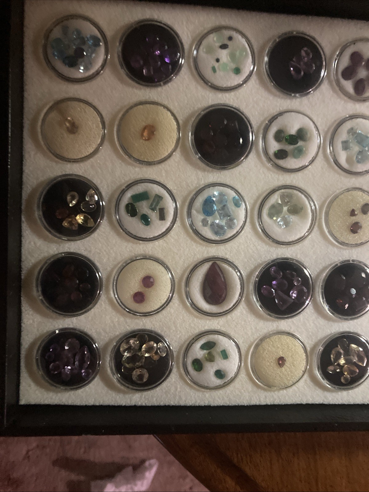 Assorted Multicolor Cut Loose Gemstones in Display Case, Gems In 100 Capsules