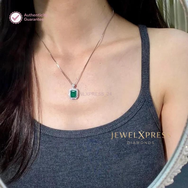 Handmade! 2.00CT Emerald Cut Natural Emerald & Diamond Halo Pendant 14k Gold