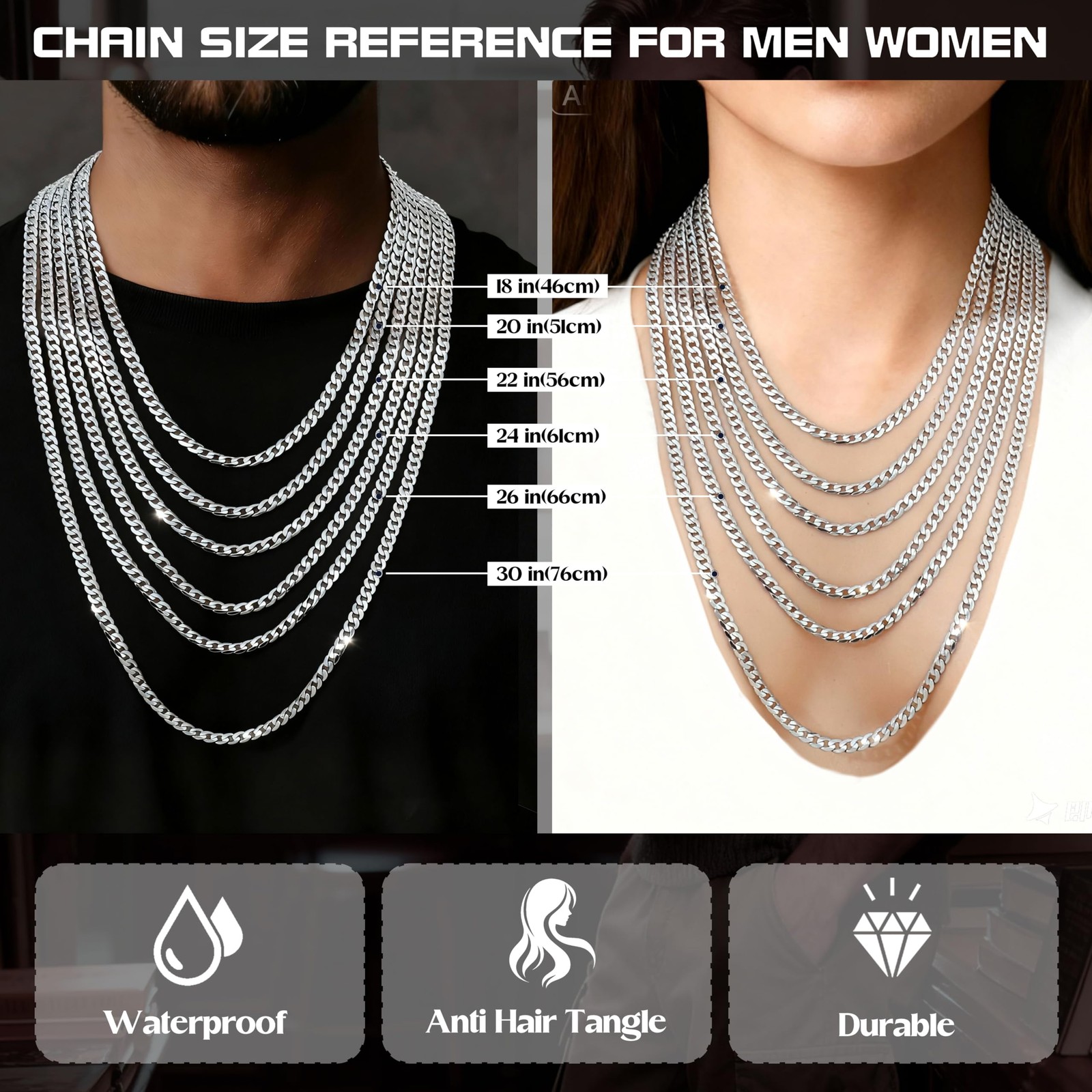 22 in=56 cm (Men’s Average Length), 18K White Gold Plated Sterling Silver