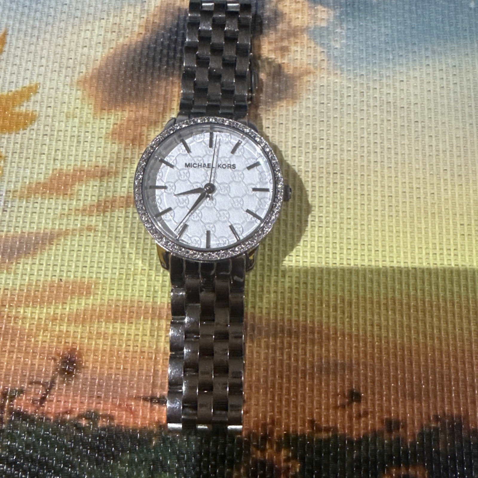 MICHAEL KORS Womens Nini Silver Tone Watch MK Monogram Dial Crystals MK3372