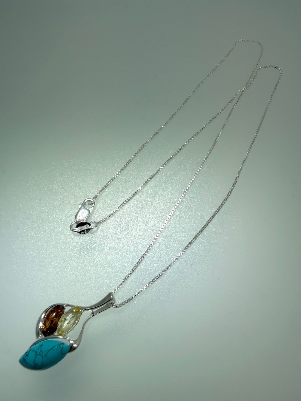 Multicolor Baltic Amber & Turquoise Pendant on Silver Chain