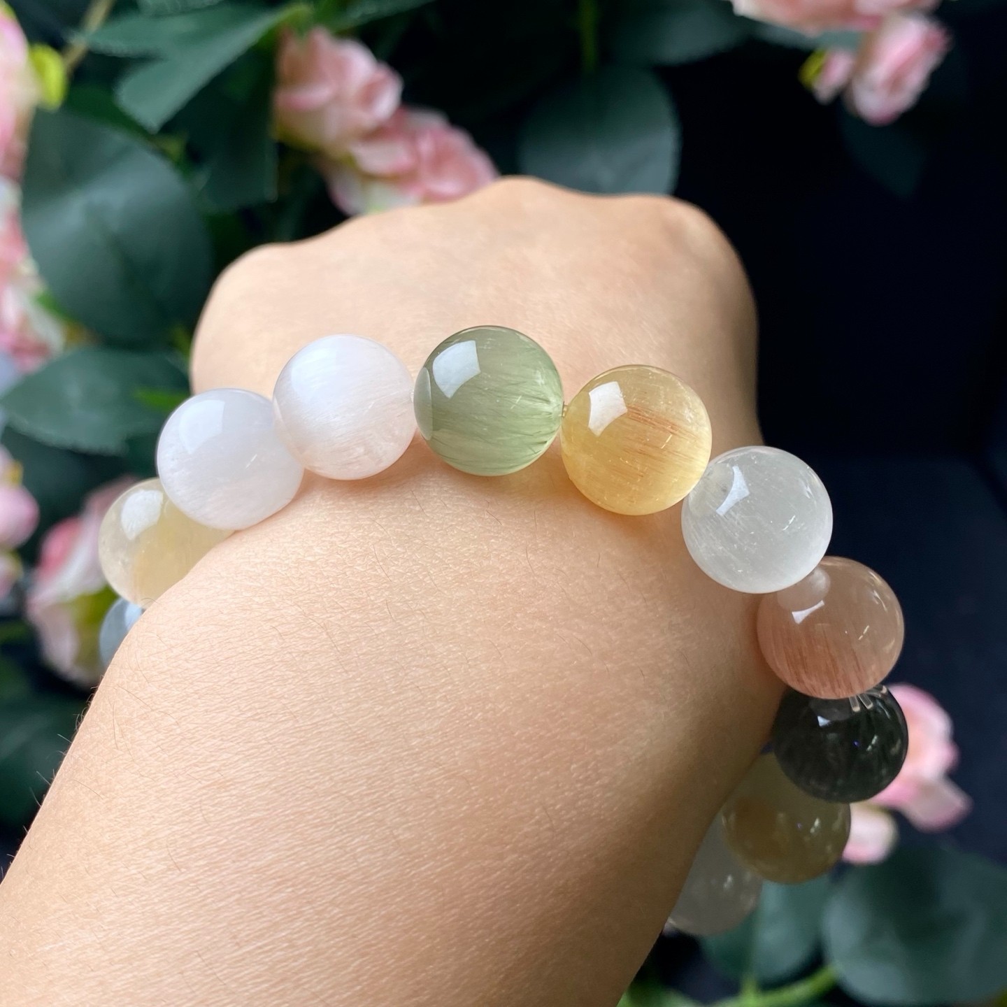 13.4mm Natural Mixed Rabbit Hair Quartz Stretch Bracelet Healing Crystal Jewelry