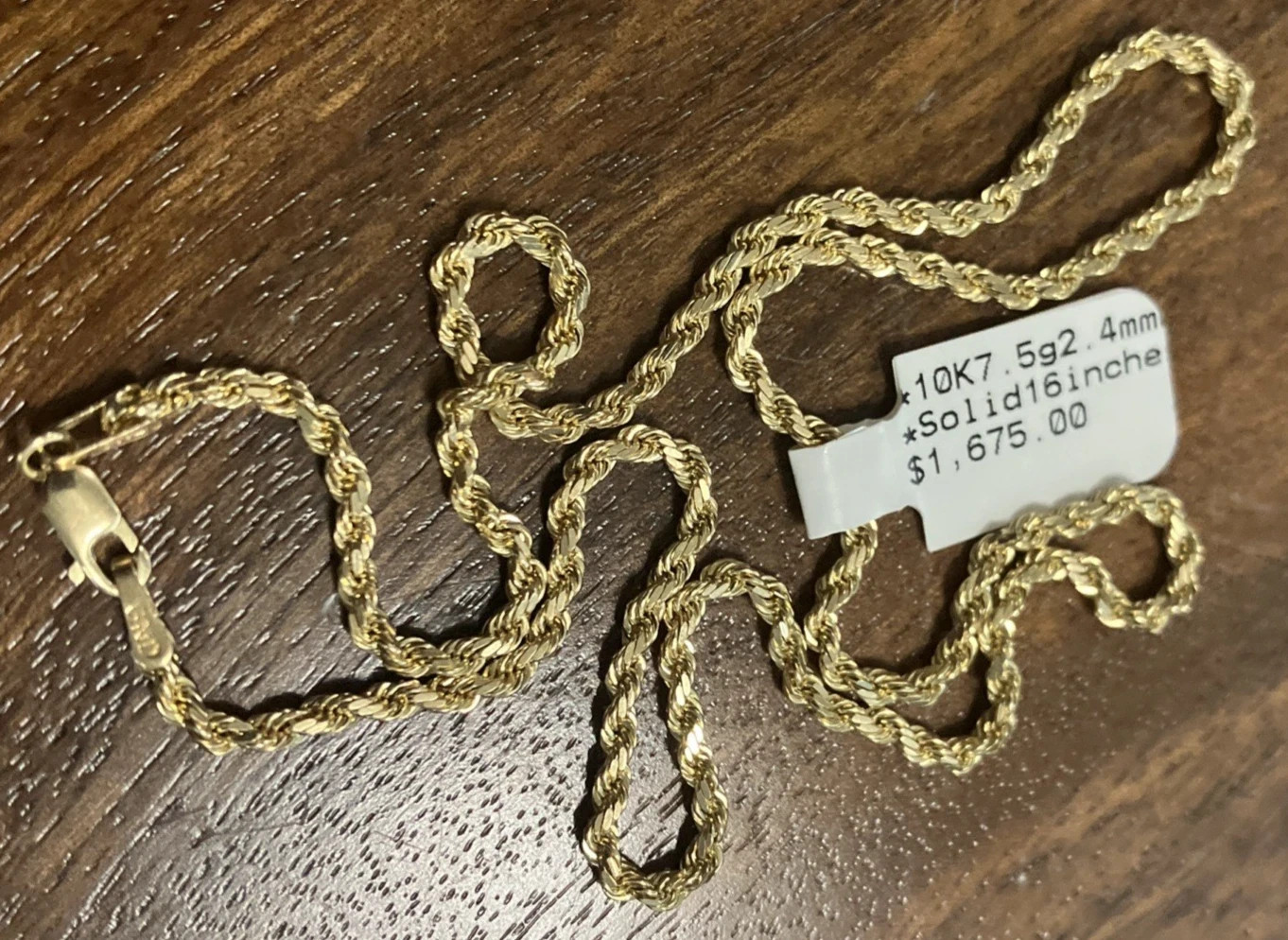 10kt Real Solid Gold Rope Chain Necklace 7.5grams 2.45mm 16” GND Brand NWT 10K