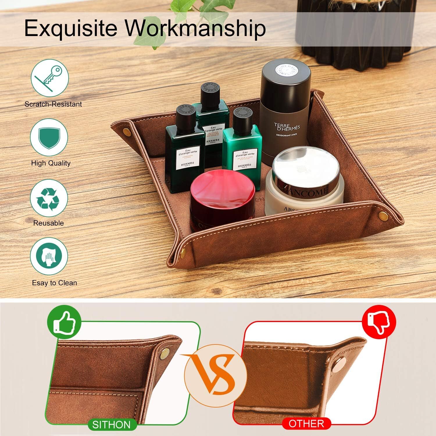 Valet Tray Desktop Storage Organizer PU Leather Catchall Tray for Jewelry Wallet