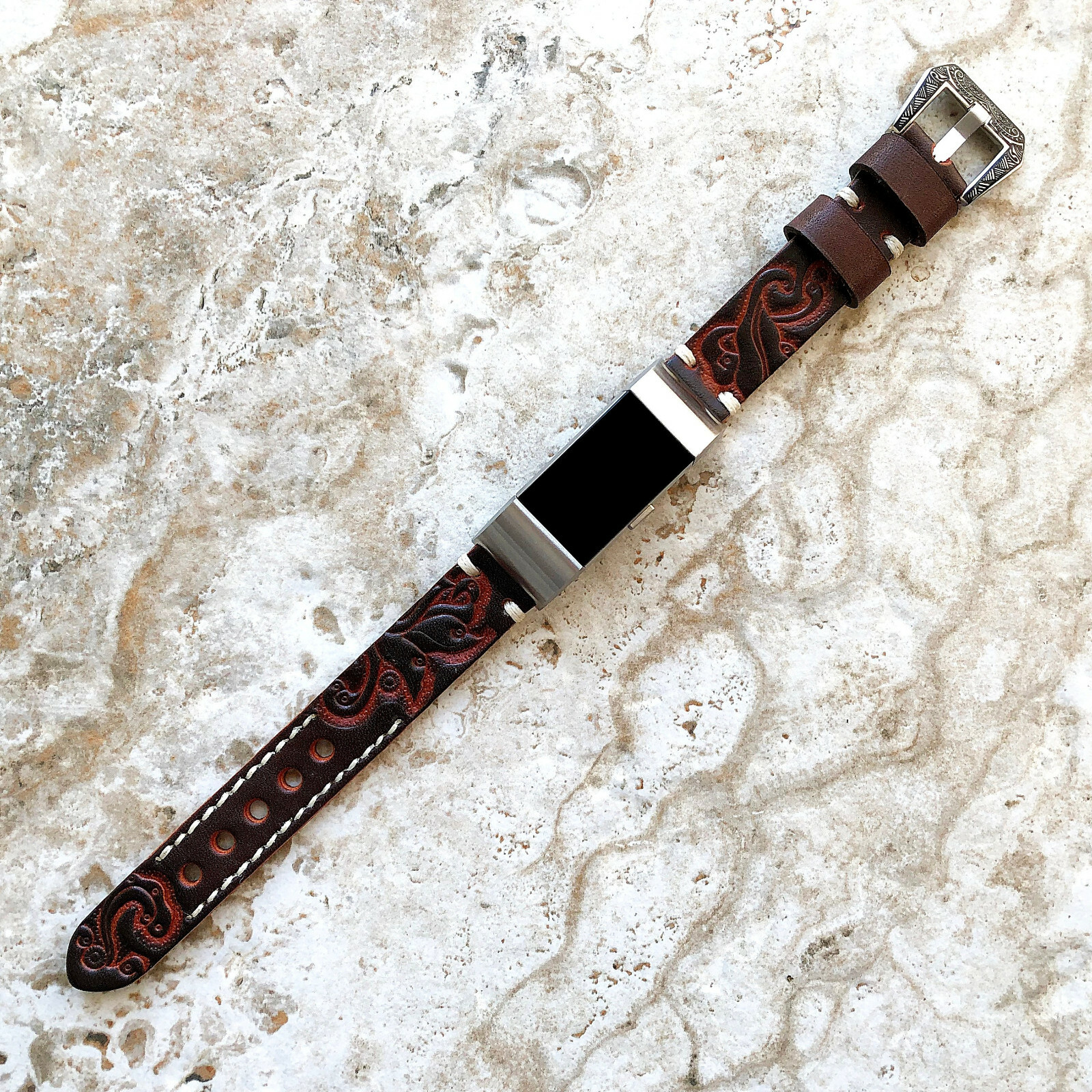 Dark Brown Embossed Handmade Leather Watch Strap Band for Fitbit Charge 6 5 4