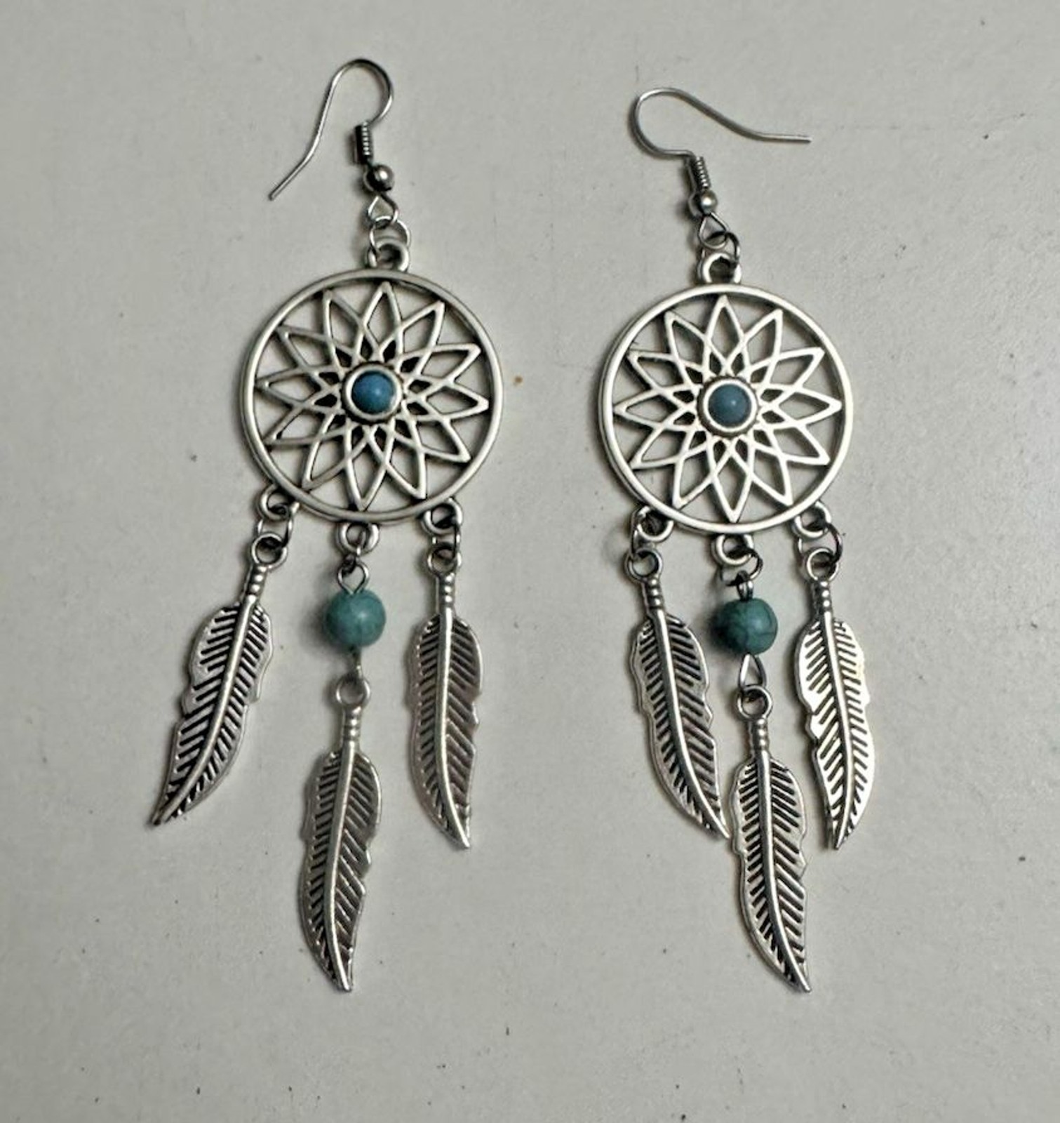 Southwestern-Style Dreamcatcher Dangle Earrings – Silvertone, 3.5 Inches