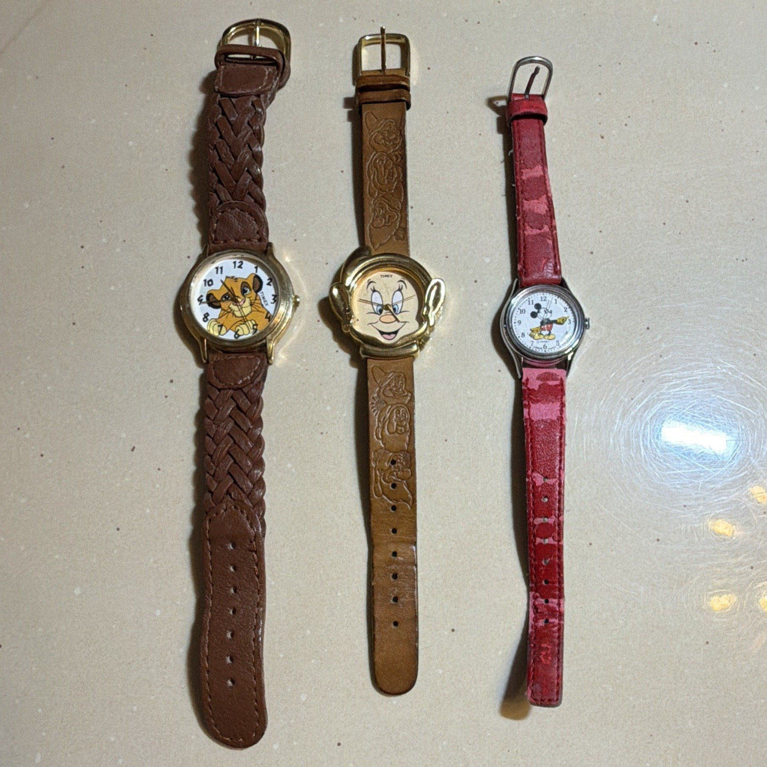 Lot of 3 Unisex Kids Character Wristwatches w/ Leather Straps Brown Tan Red