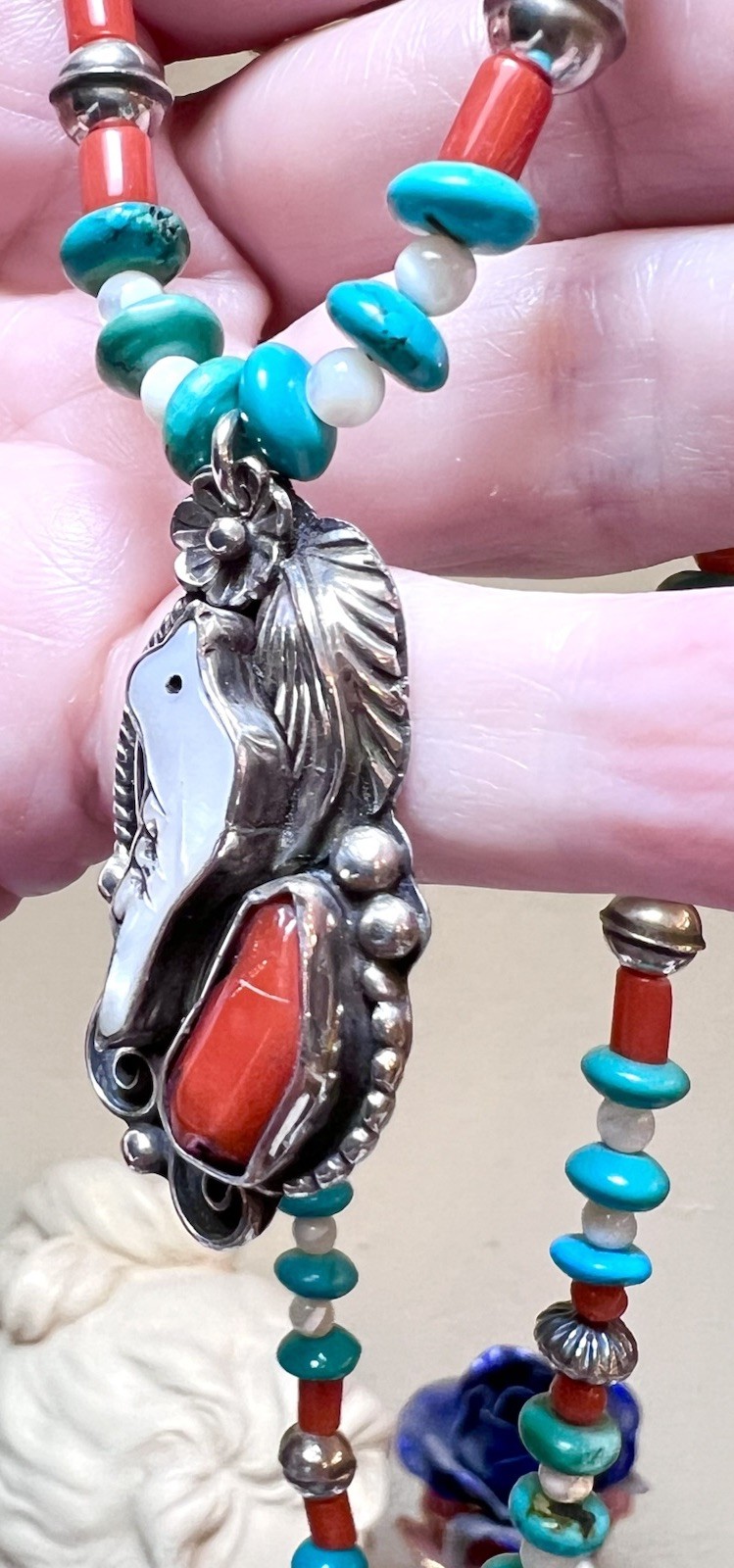 LOVELY Native, Navajo Signed Sterling Silver Turquoise, Coral, Etc Bird Necklace