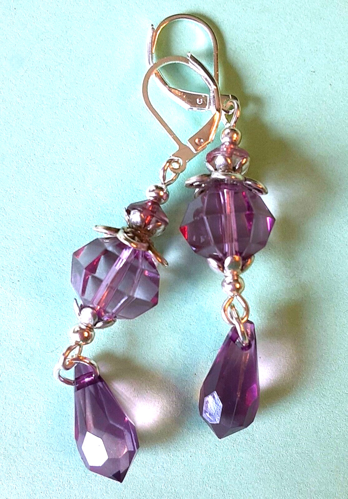 PLUM ACRYLIC CRYSTAL lightweight DANGLE earrings SP LEVER BACK artisan XX
