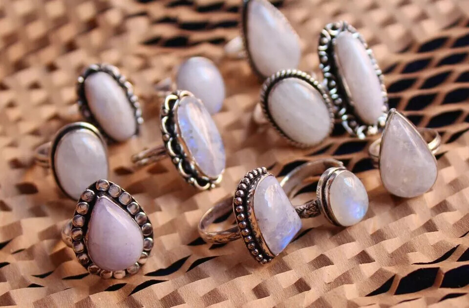 Flashy Moonstone Rings Lot, Fashion Jewelry 925 Silver Plated Gift For Mother~