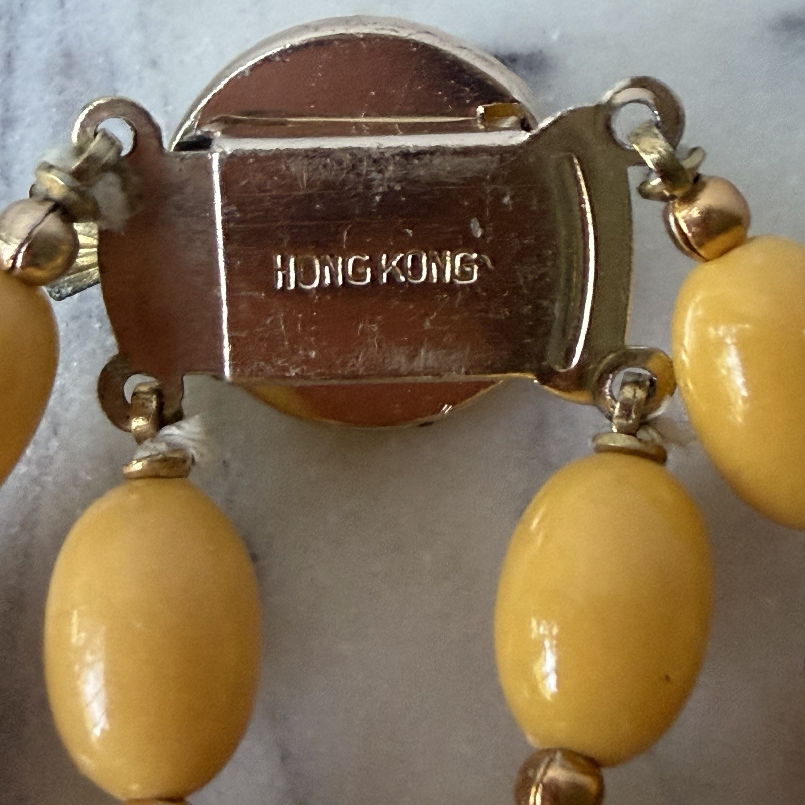 Vintage Hong Kong Double Strand Mustard Yellow Lucite Bead Necklace 18” MCM