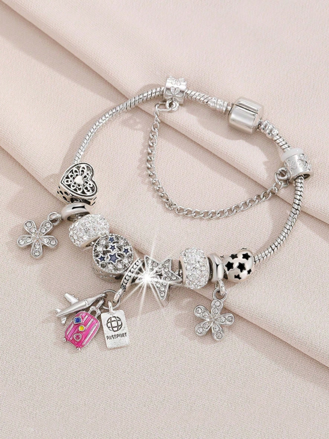 Travel Charm Bead Bracelet Airplane Passport Suitcase Pendant Gift Jewelry