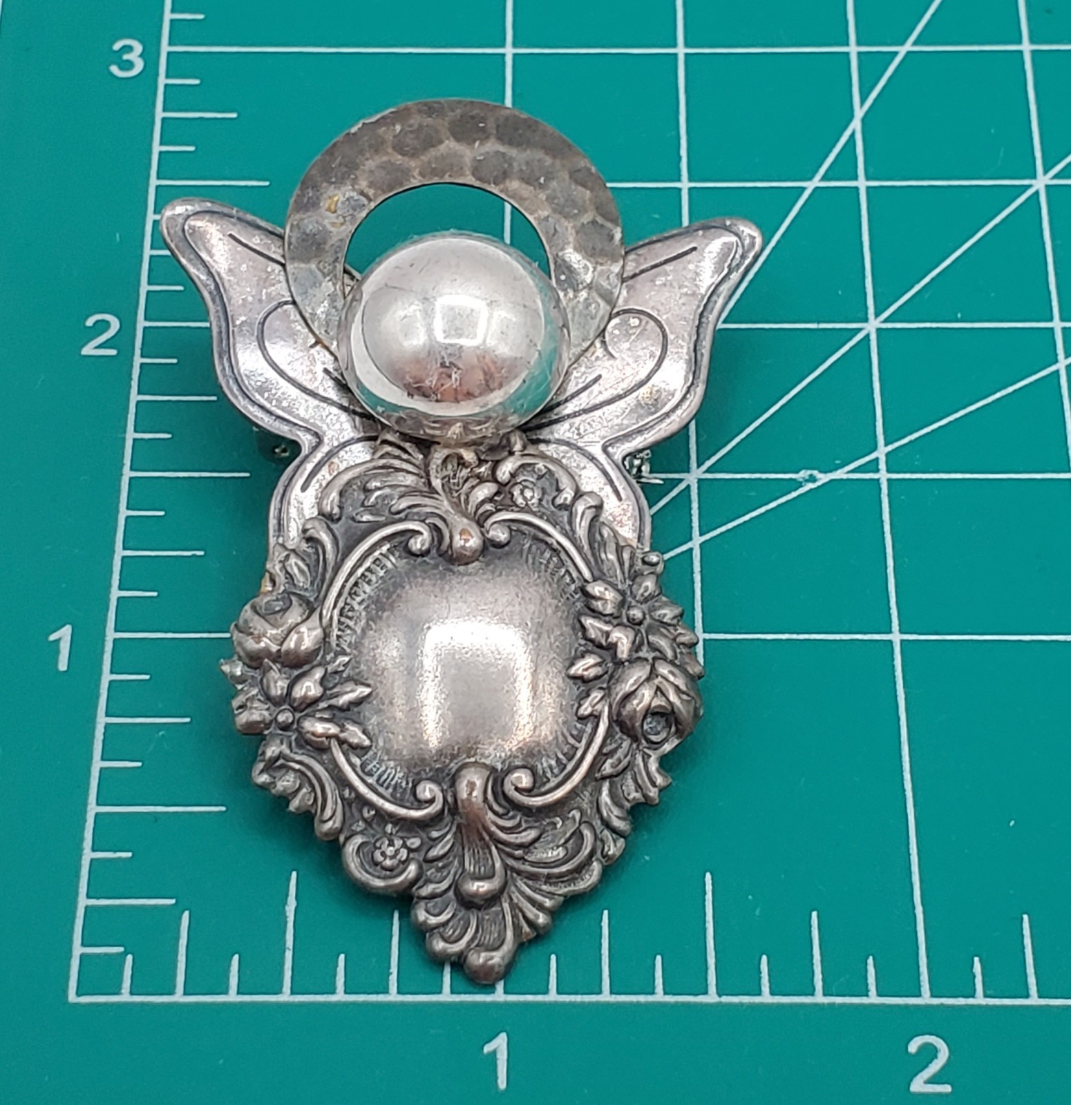 VTG Angel Brooch and Pendant Combo 2.5in Hammered Silver Tone Scroll Steampunk