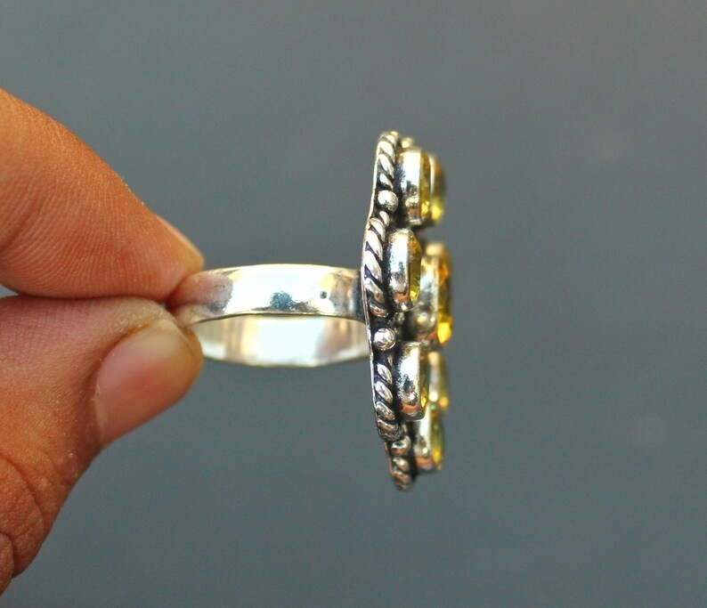 Citrine Cluster Ring | Vintage Style Citrine Ring | Yellow Gemstone silver ring