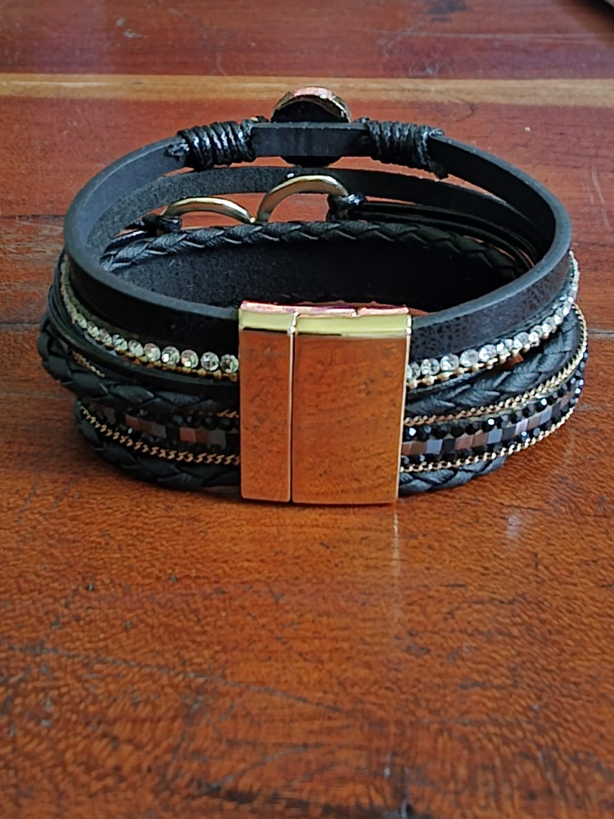 NEW Multi Band Black Leather Bracelet Featuring, Metal Heart Charm & Crystal