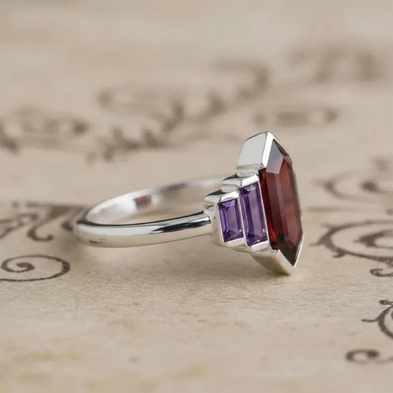Garnet Amethyst Gemstone Art Deco Sterling Silver Geometric Ring Jewelry Gift