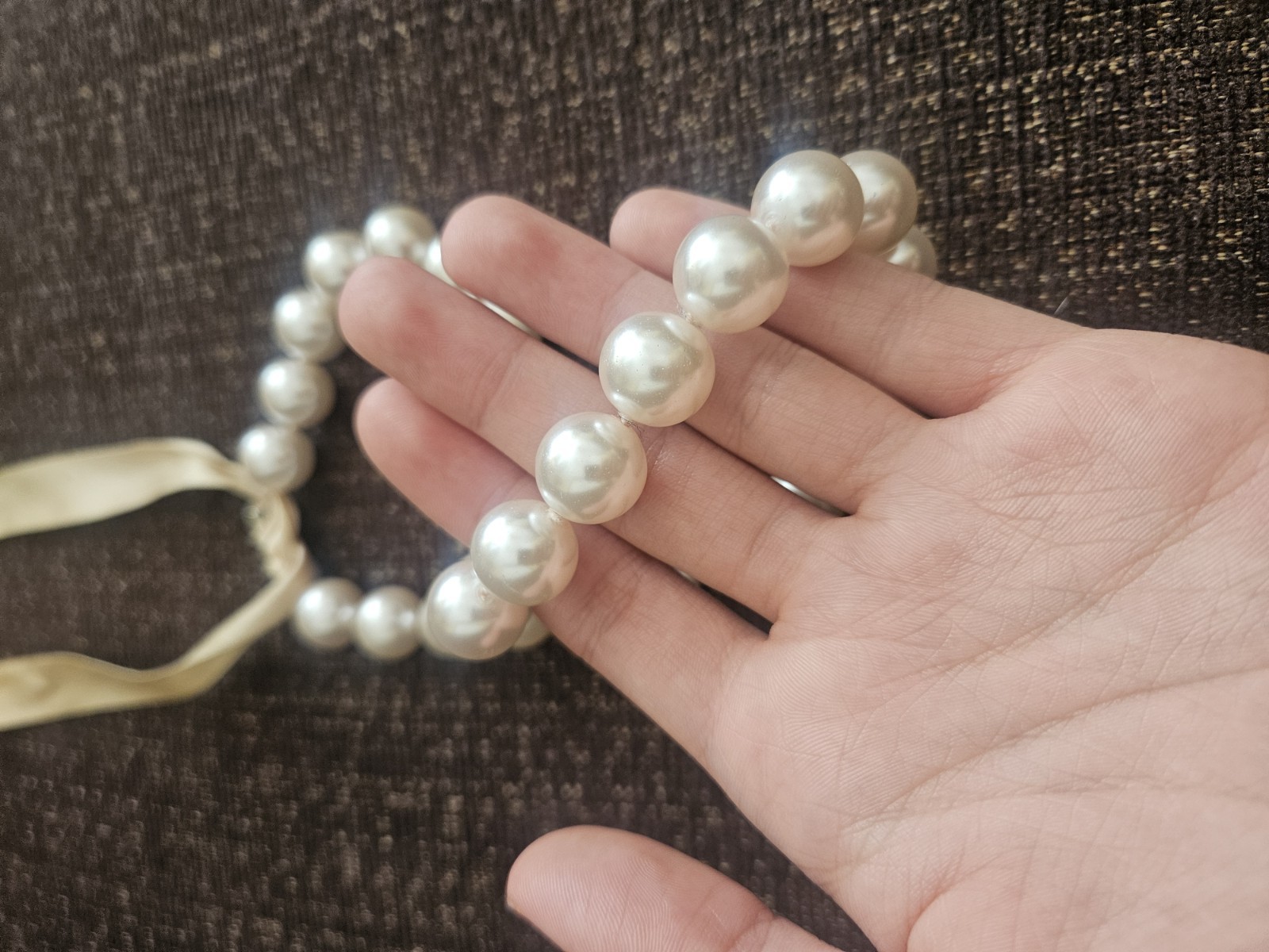 White Faux Imitation Pearl Beaded Necklace, Adjustable Ribbon Tie, 32 in