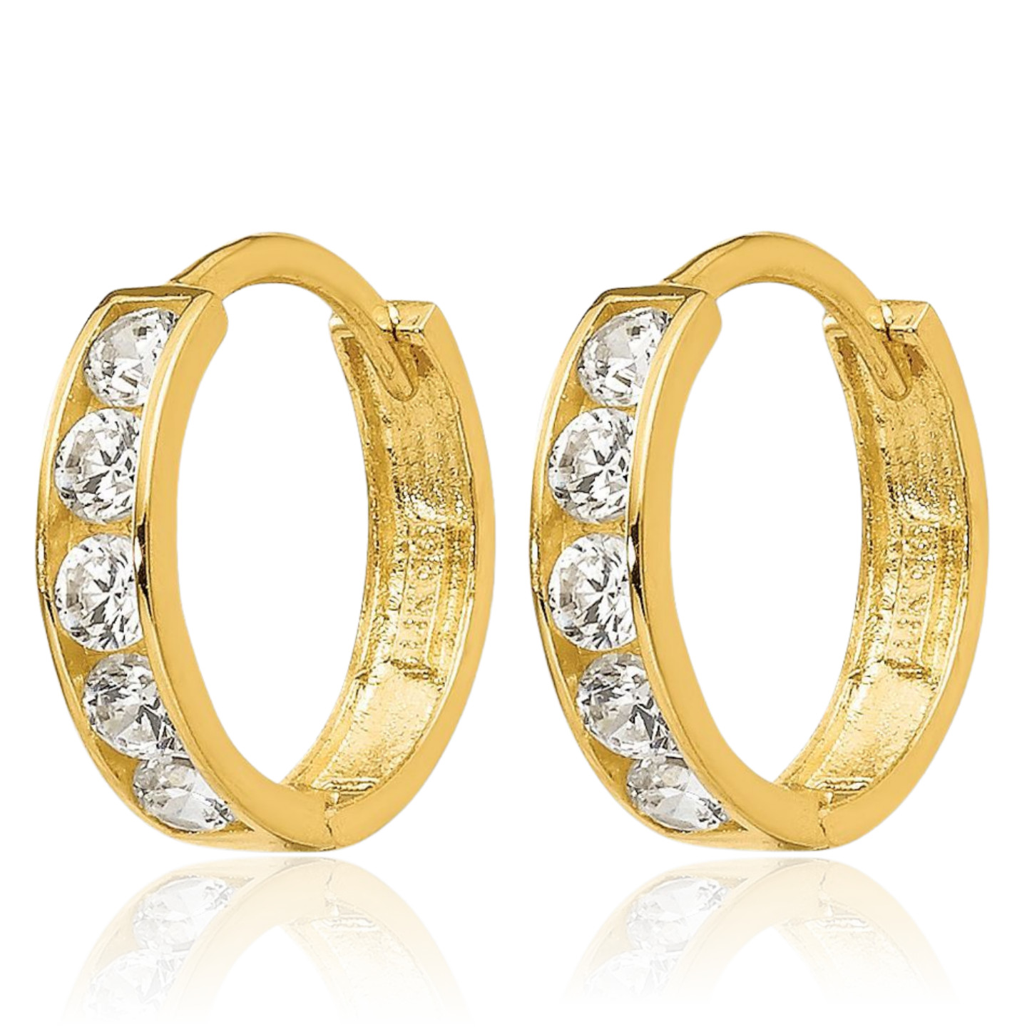 14K Solid Yellow Gold Cubic Zirconia Small Huggie Hoop Earrings 10mm 3/8 inch
