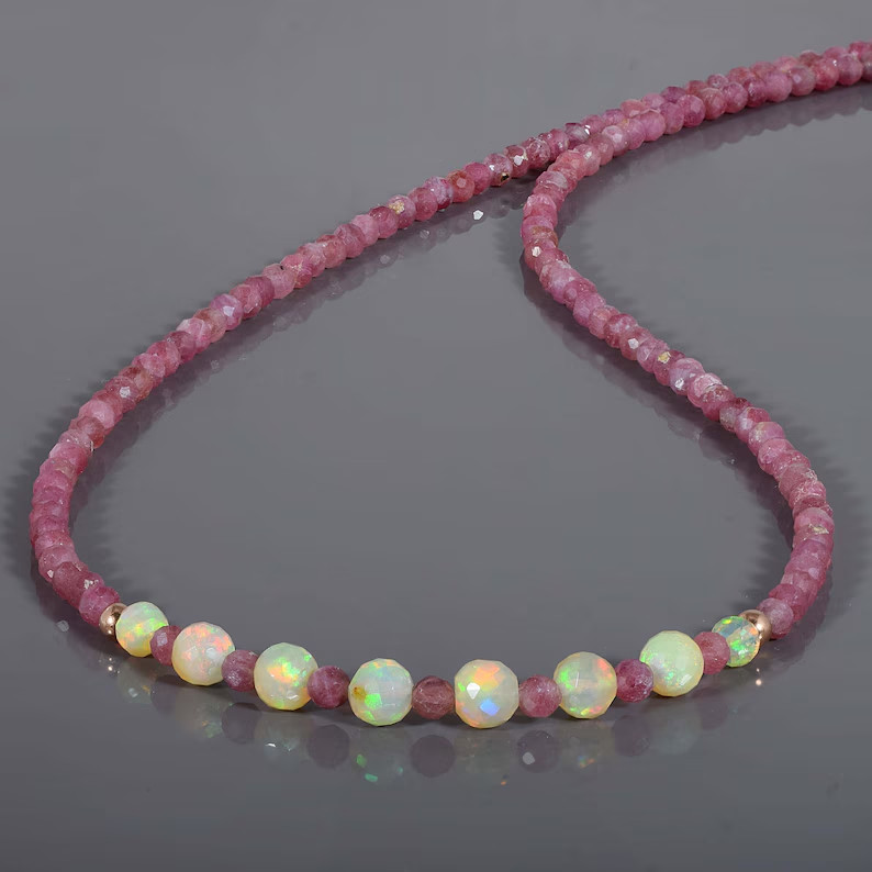 Natural Ethiopian Welo Fire Opal Pink Tourmaline Beaded Necklace 925 Silver