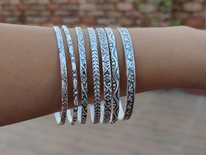 Flower& Fish Beautiful Designer Set Off 7 Design 925 Sterling Silver Bangles