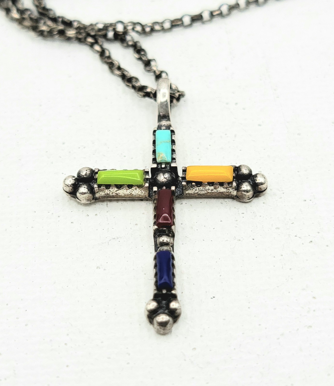 Sterling Silver Cross Pendant Multi-colored Stone Inlays On 20″ Long Chain