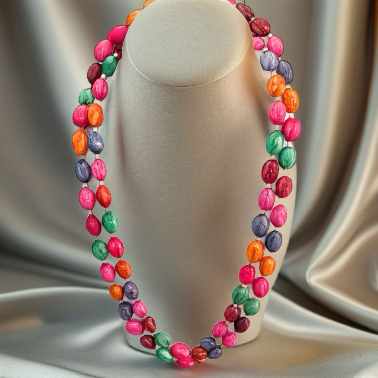Vtg 48” Hong Kong Acrylic Egg Bead Sautoir Necklace – Easter Colors Gold Spacers