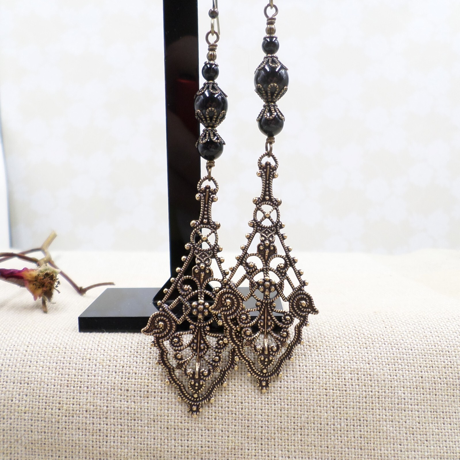 Victorian Gothic Earrings, Antique Brass Filigree Black Bead Long Dangle Jewelry