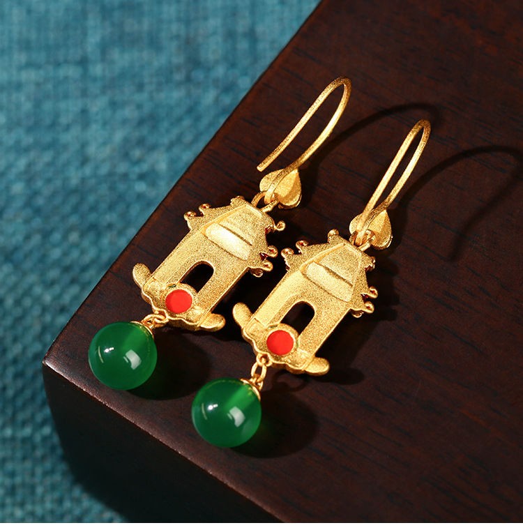 Chinese Enamel Gold Plated Earrings Palace Style Green Chalcedony Dangle