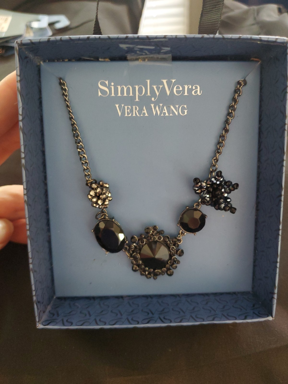 Vera Wang Black Simulated Stone Statement Necklace Jet Tone NIB