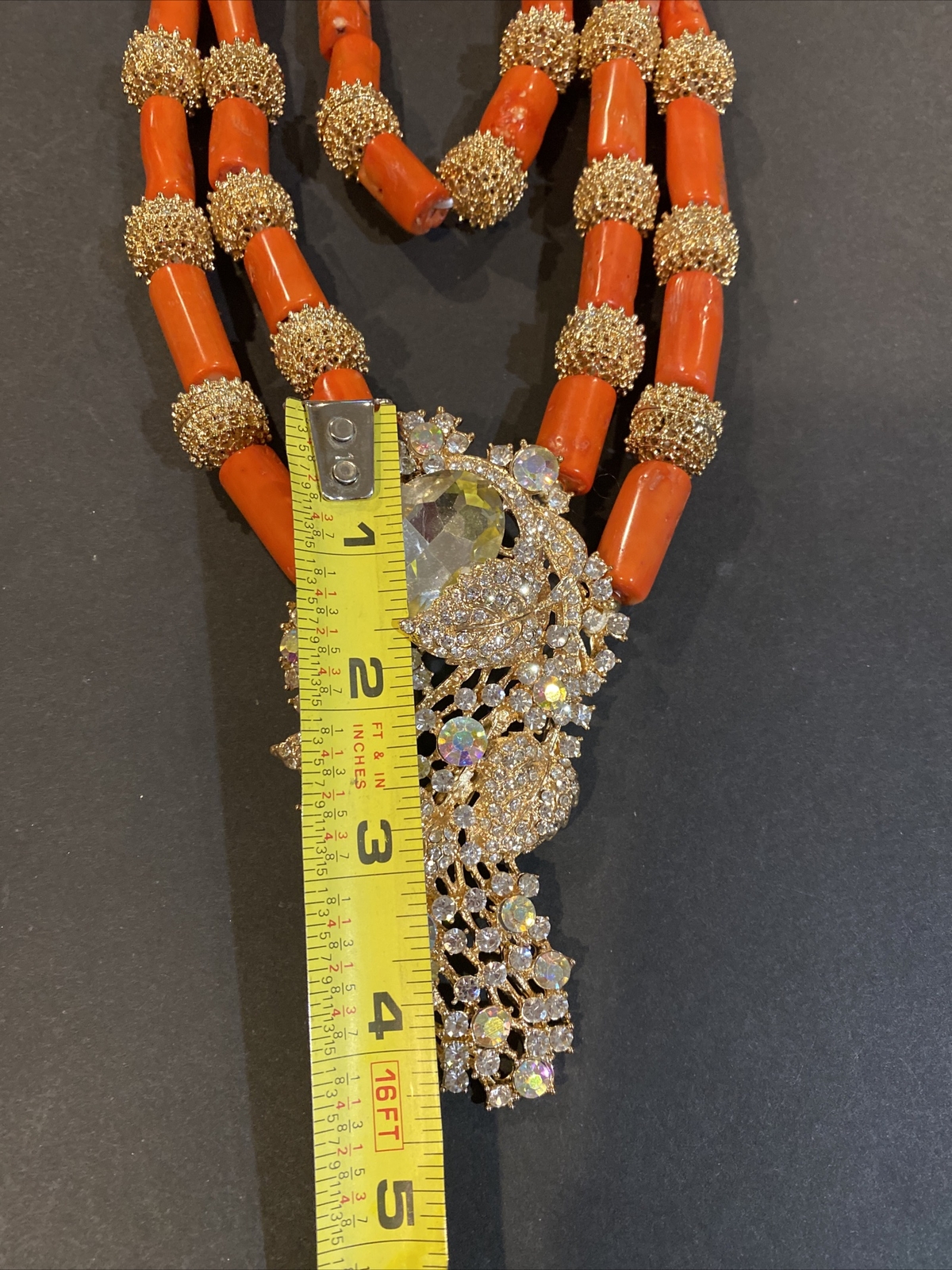 Gorgeous GOLD TONE Genuine Coral Rhinstones Two Strands Necklace Bracelet Set