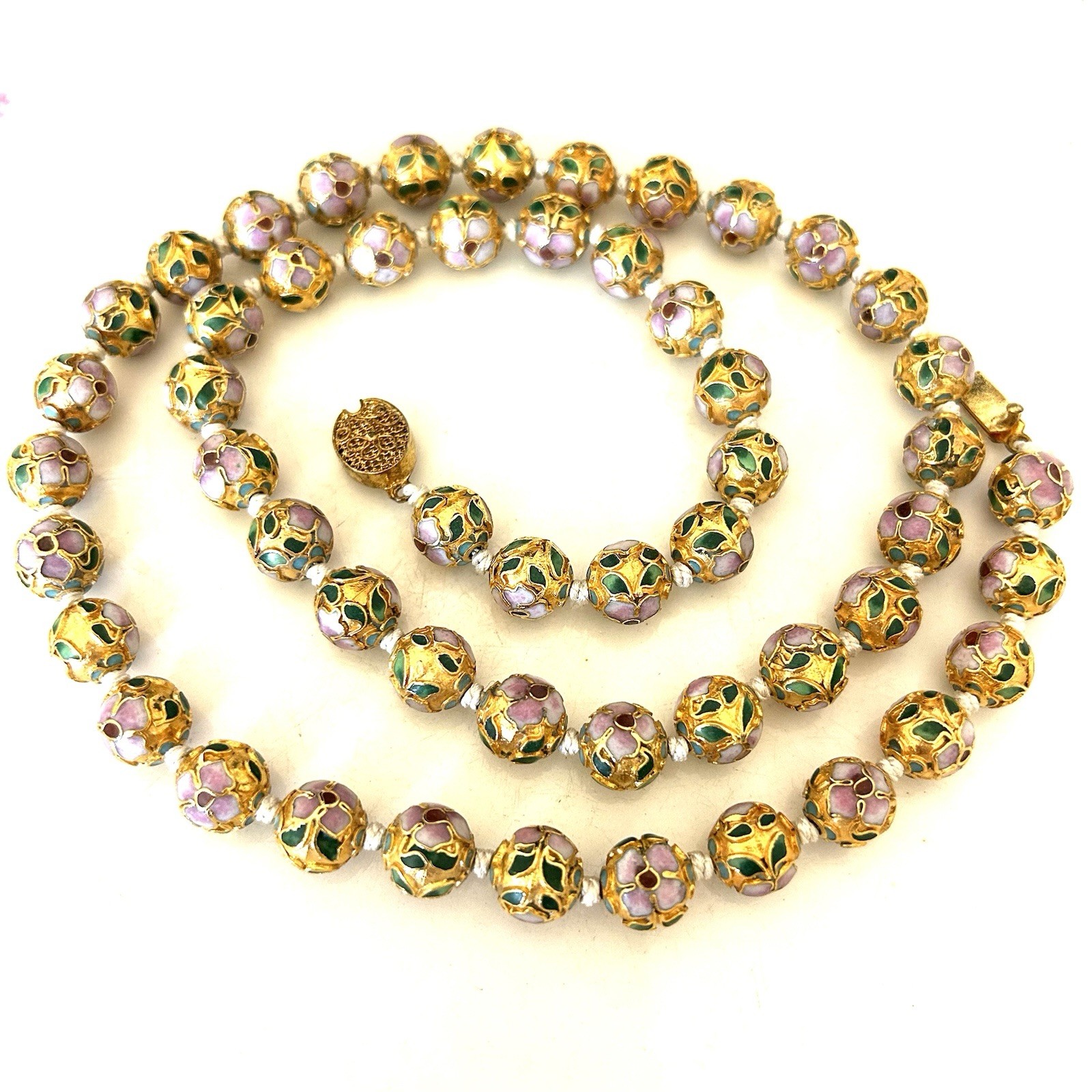 Vintage Chinese Export Cloisonne Enamel Bead Necklace Gold Tone Floral 26”