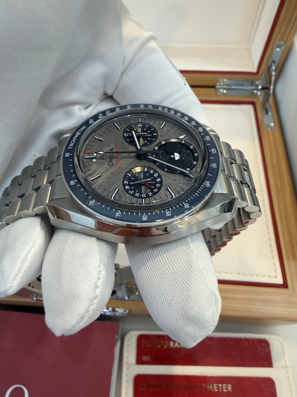 OMEGA Speedmaster 43mm Auto Chronograph Moonphase Meteorite Dial Blue Bezel