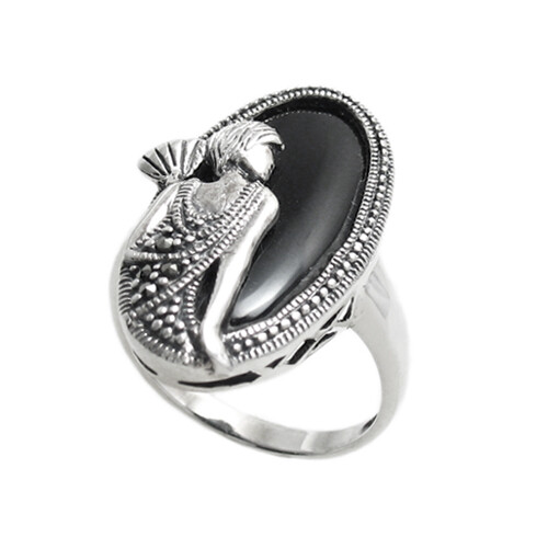 925 Sterling Silver 27mm Oval Onyx Marcasite Lovely Lady Ring Size 5-9