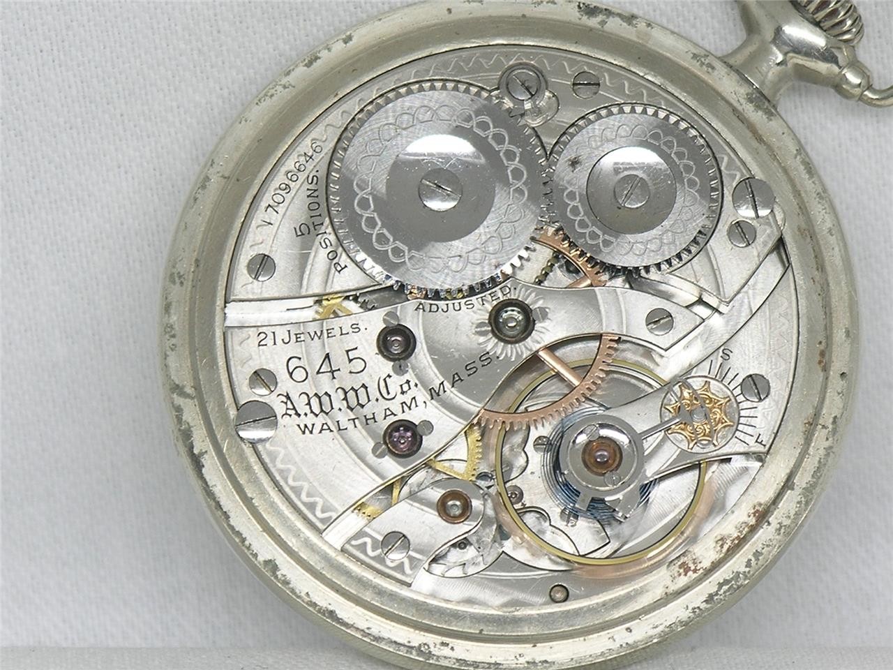 ANTIQUE 16S WALTHAM 21 JWL GR 645 RAILROAD SILVEROID POCKET WATCH, RUNNING!