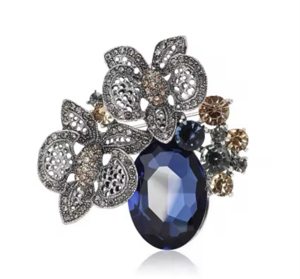 Multicolor Crystal Metal Brooch Pin Flower Oval Blue Accent Fashion