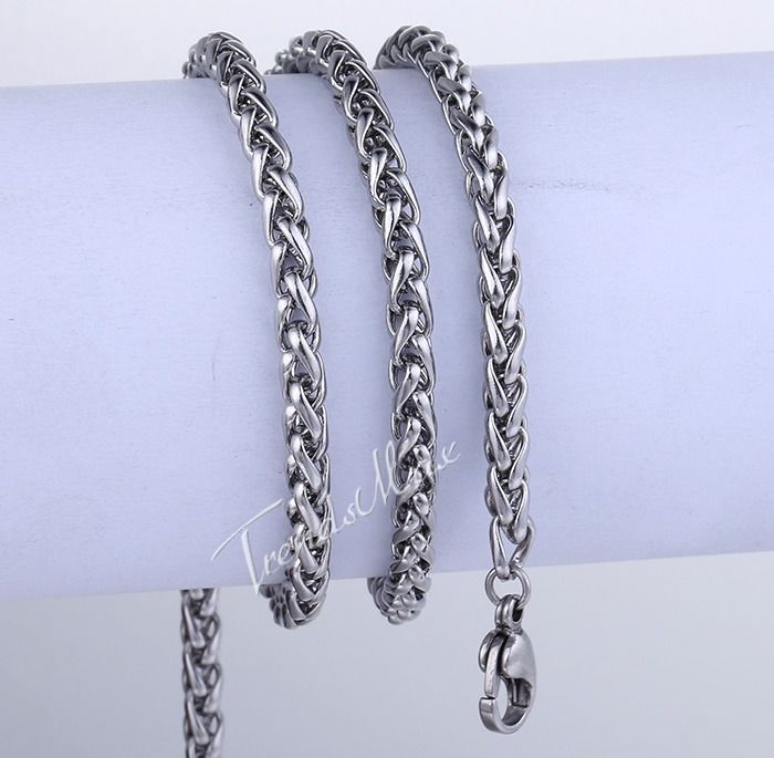 3/4/5/6/8/10mm Boys Men’s Chain Stainless Steel Wheat Link Silver Tone Necklace
