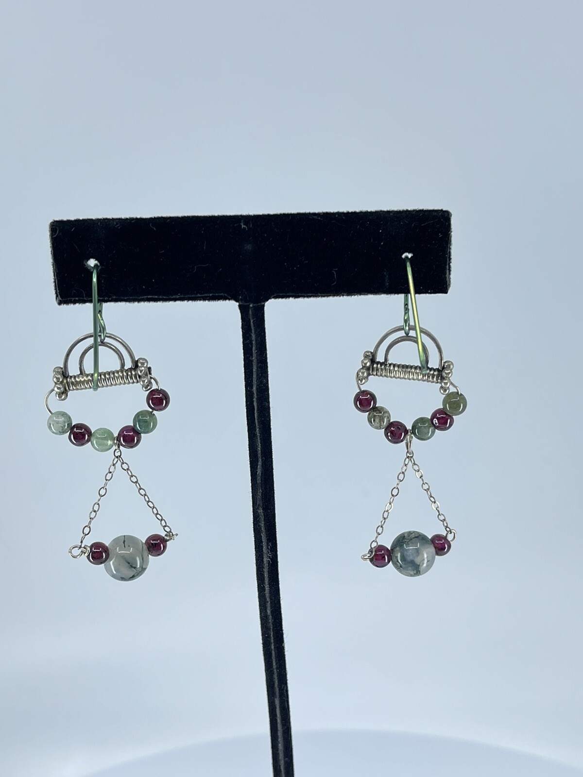 Sterling Silver Dangle pierced Earrings small lightweight round polished stones