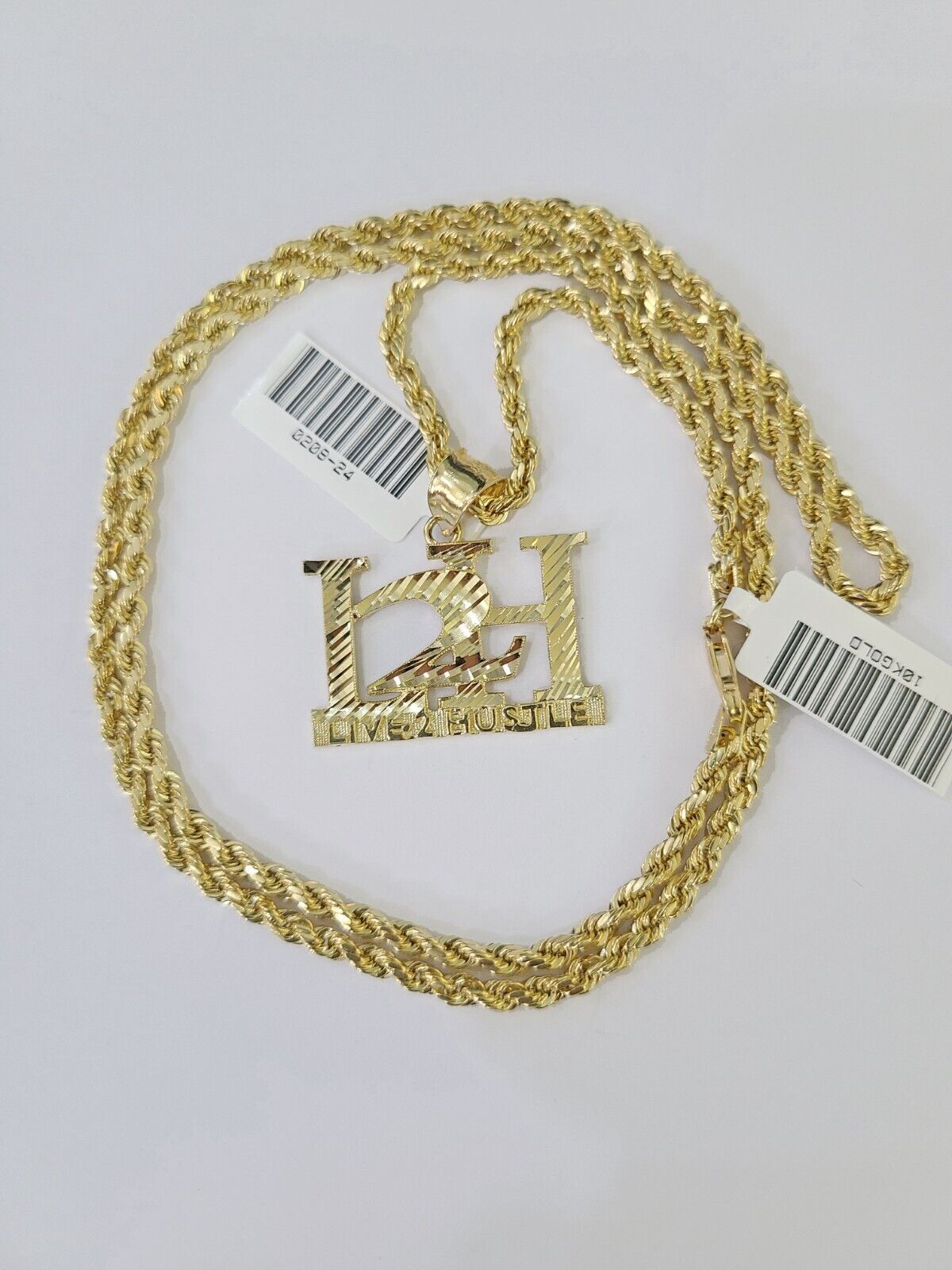 Real 10k 3mm Rope Chain L2H Pendant 18″ 20″ 22″ 24″ 26″ Gold Set