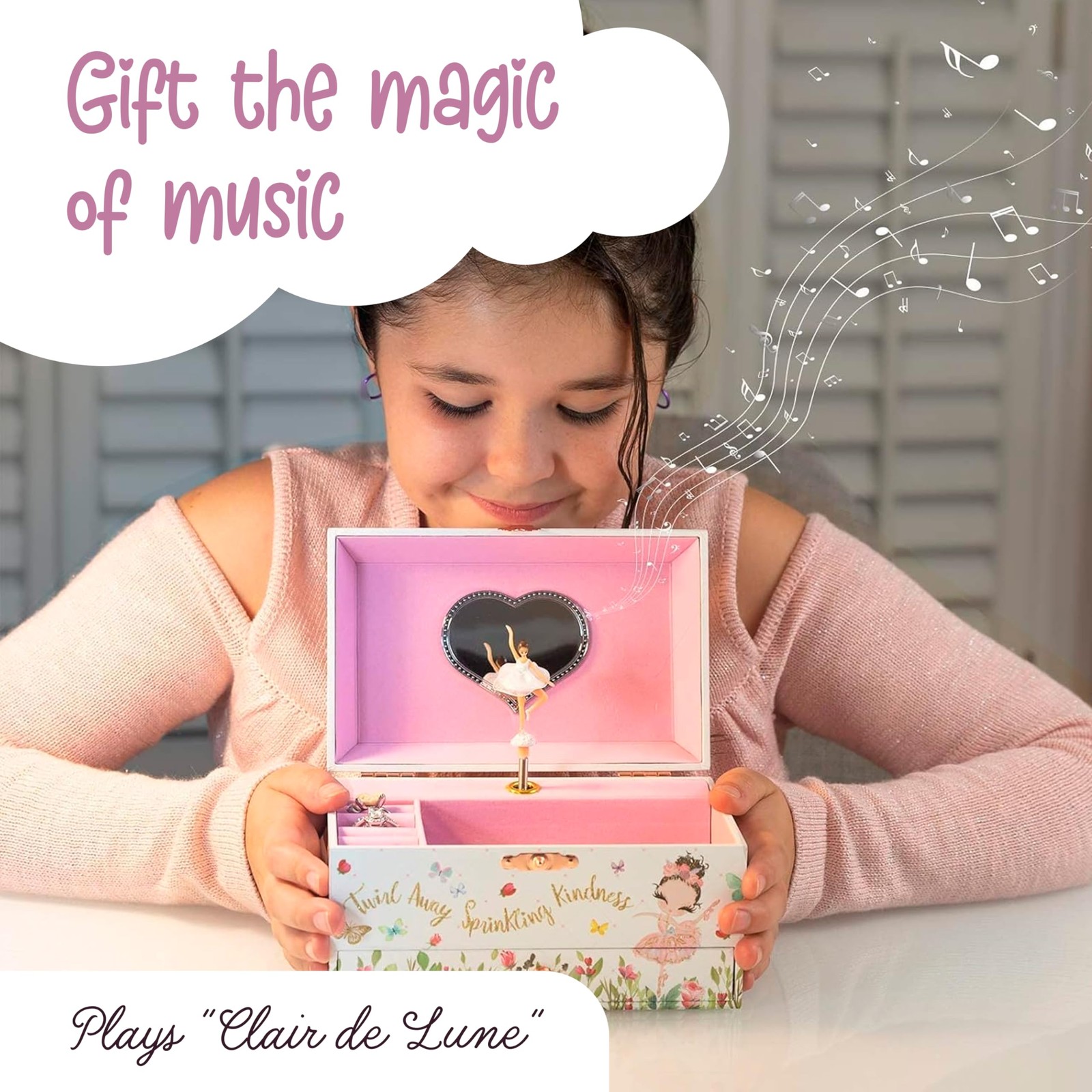 Ballerina Musical Jewelry Box with Storage Organizer for Kids Ages 6-12 MDF Wood
