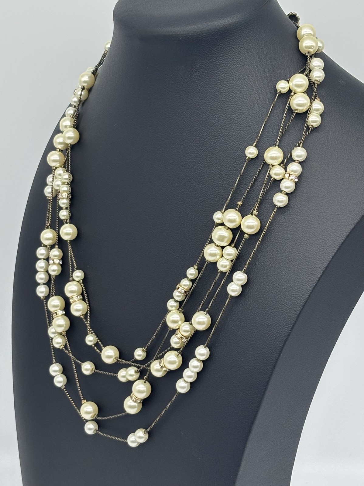 Coldwater Creek Multi-Strand Necklace Faux Pearls With Pave Set Rhinestone Beads