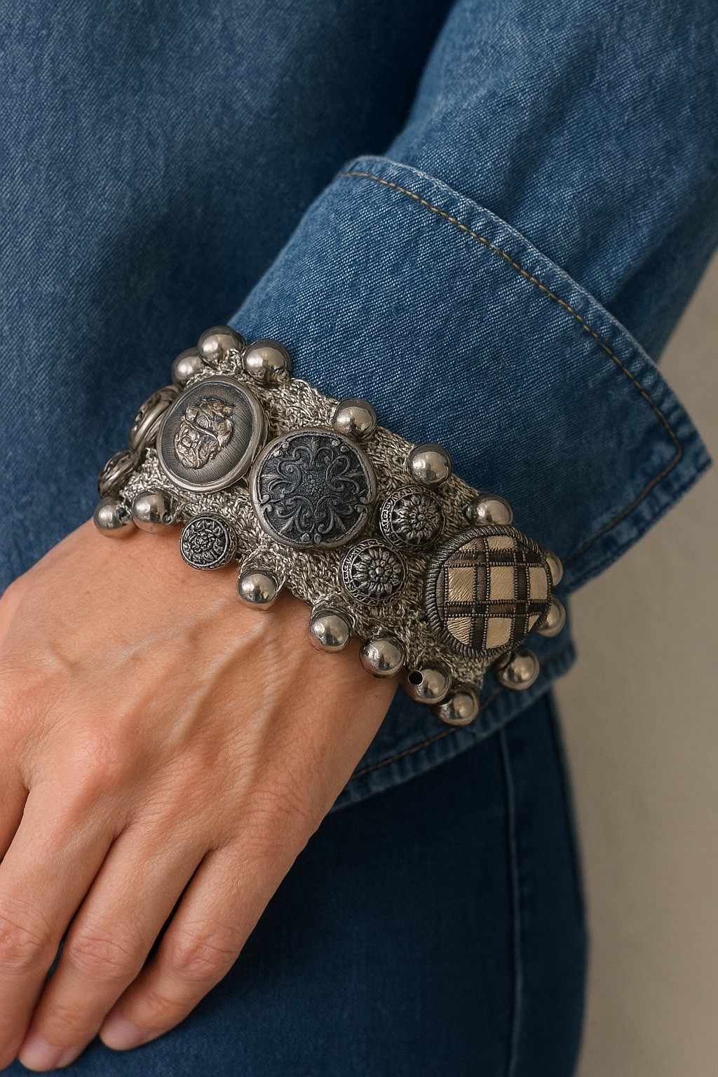 Artisan Layered Silver Tone Button Charm Wide Mesh Cuff Bracelet Boho Western