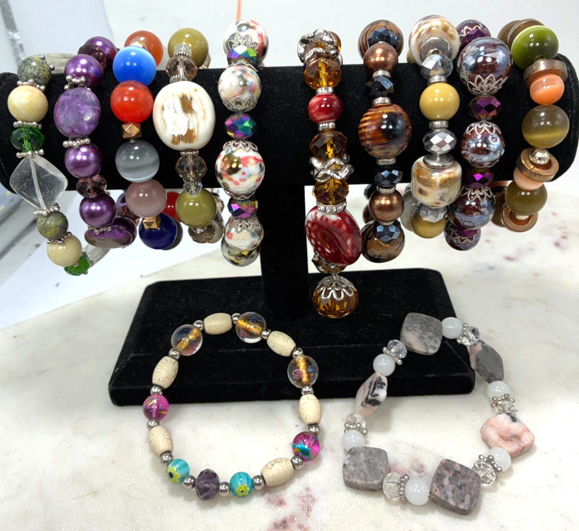 Lot of 10 Handmade Stone Stretch Bracelets Adult Gemstone Beaded Jewelry Set