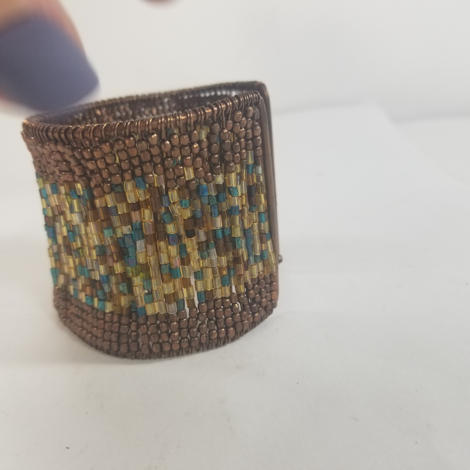 Beaded Wrap Cuff Bracelet Bronze Tone Seed Beads Flexible Fit Wide