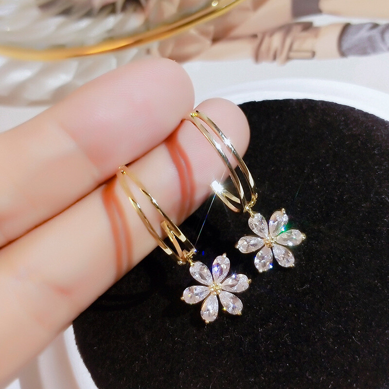 Womens Earrings Gold Plated Drop Hoop Flower Plant Crystal Trendy Modern NEW!