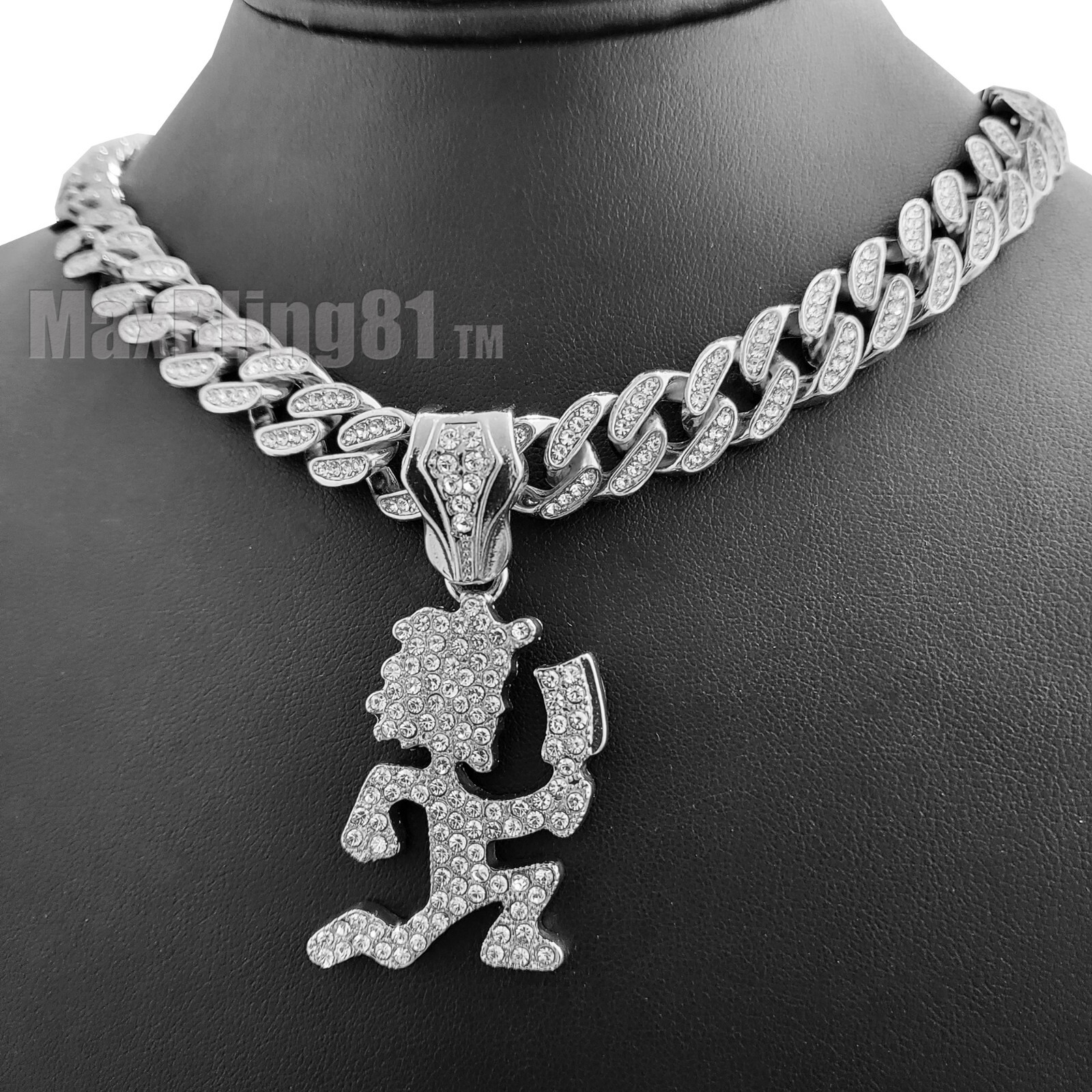 Silver Plated Hatchet Man 13mm 16″~30″ Iced Cubic Zirconia Cuban Chain Necklace