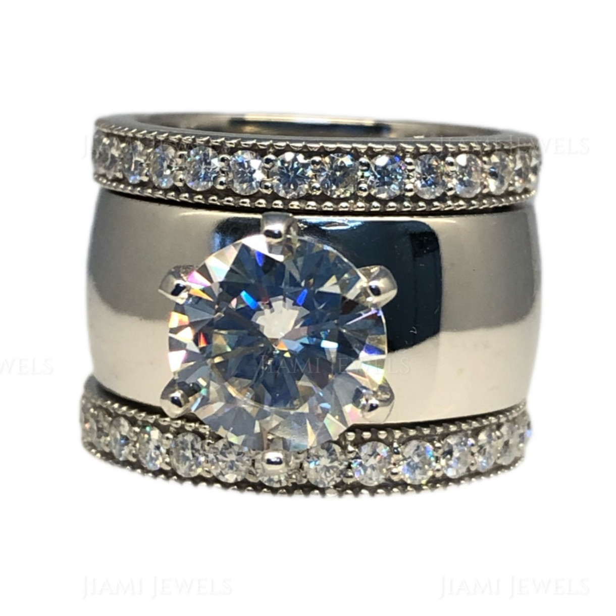 5Ct GRA Moissanite Bridal Trio Ring Set Wide Band 925 Silver White Gold Finish